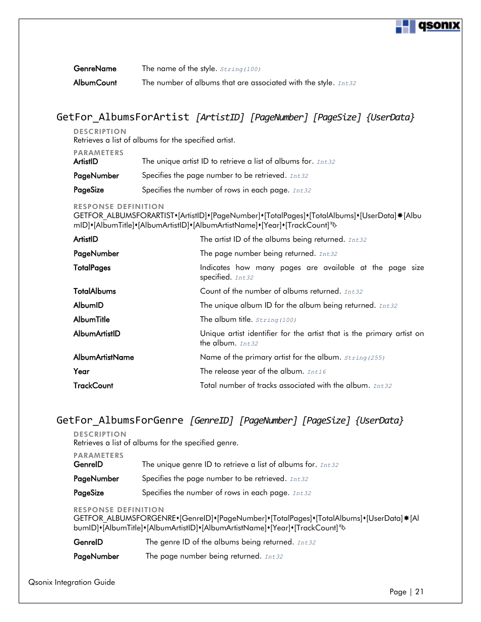 Getfor_albumsforartist, Getfor_albumsforgenre, Artistid | Pagenumber] [pagesize] {userdata, Genreid | Qsonix Integration User Manual | Page 21 / 32