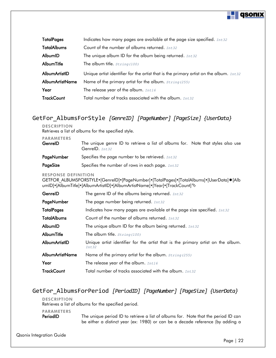 Getfor_albumsforstyle, Getfor_albumsforperiod, Genreid | Pagenumber] [pagesize] {userdata, Periodid | Qsonix Integration User Manual | Page 22 / 32