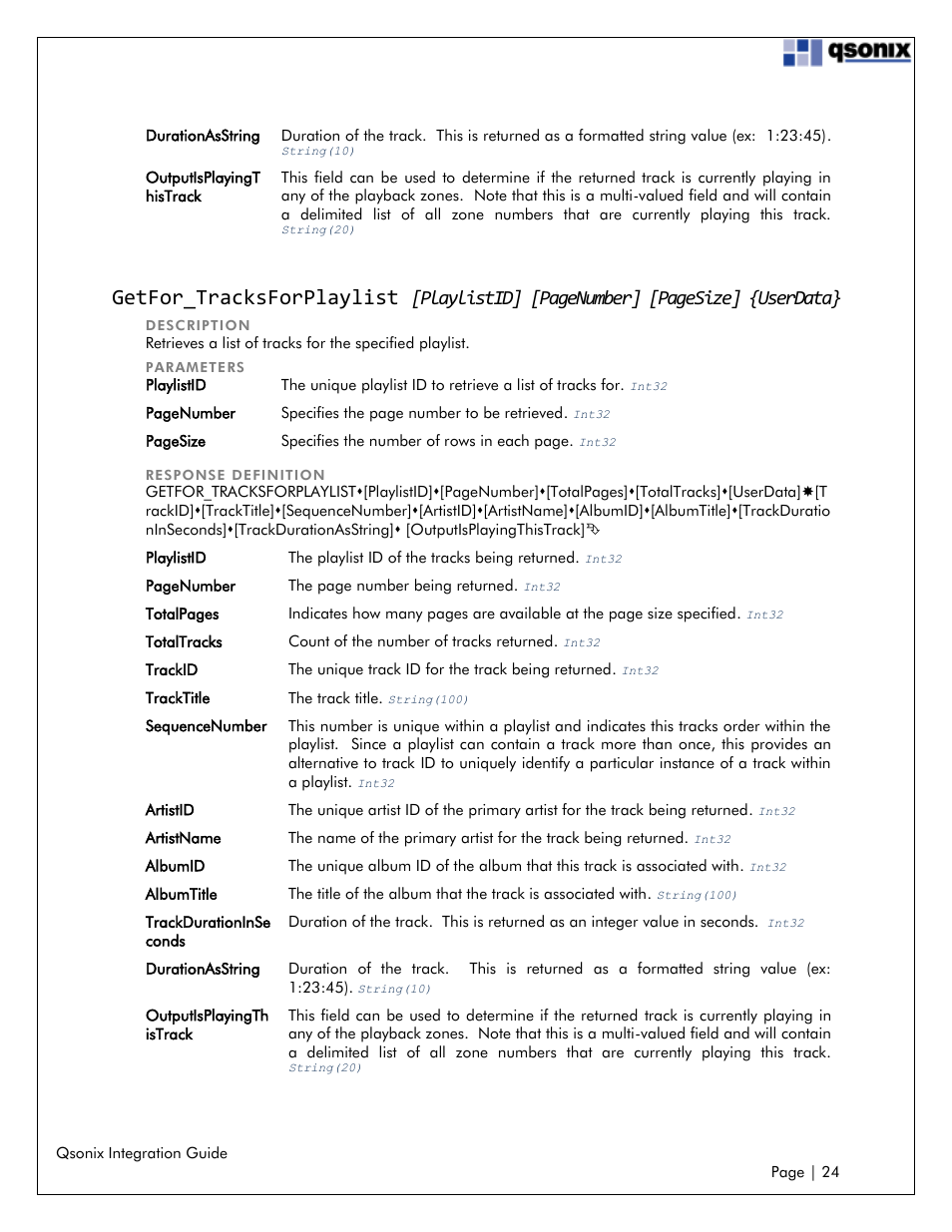 Getfor_tracksforplaylist, Playlistid, Pagenumber] [pagesize] {userdata | Qsonix Integration User Manual | Page 24 / 32