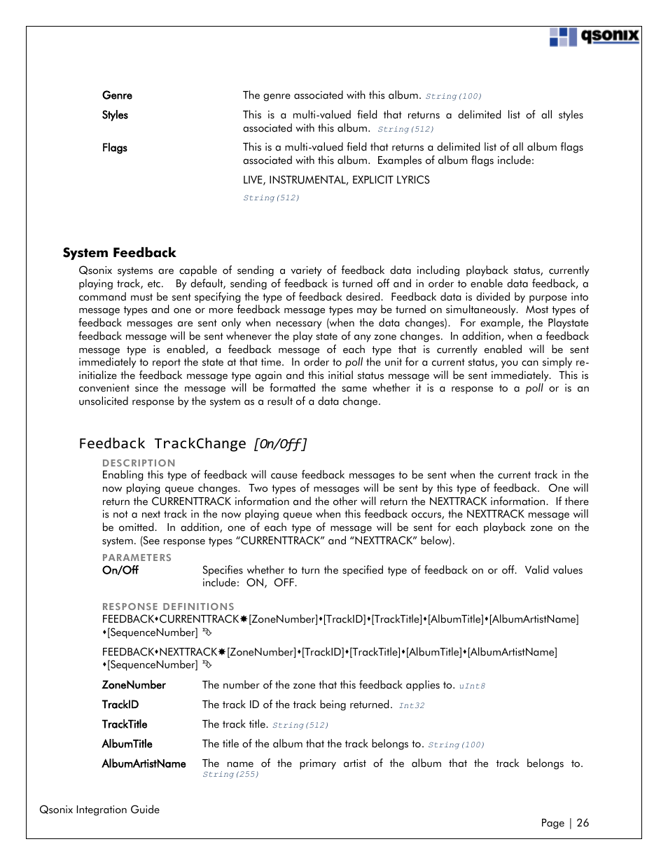 System feedback, Feedback trackchange [on/off, Feedback trackchange | On/off | Qsonix Integration User Manual | Page 26 / 32