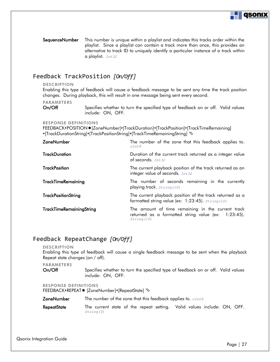 Feedback trackposition [on/off, Feedback repeatchange [on/off, Feedback trackposition | Feedback repeatchange, On/off | Qsonix Integration User Manual | Page 27 / 32