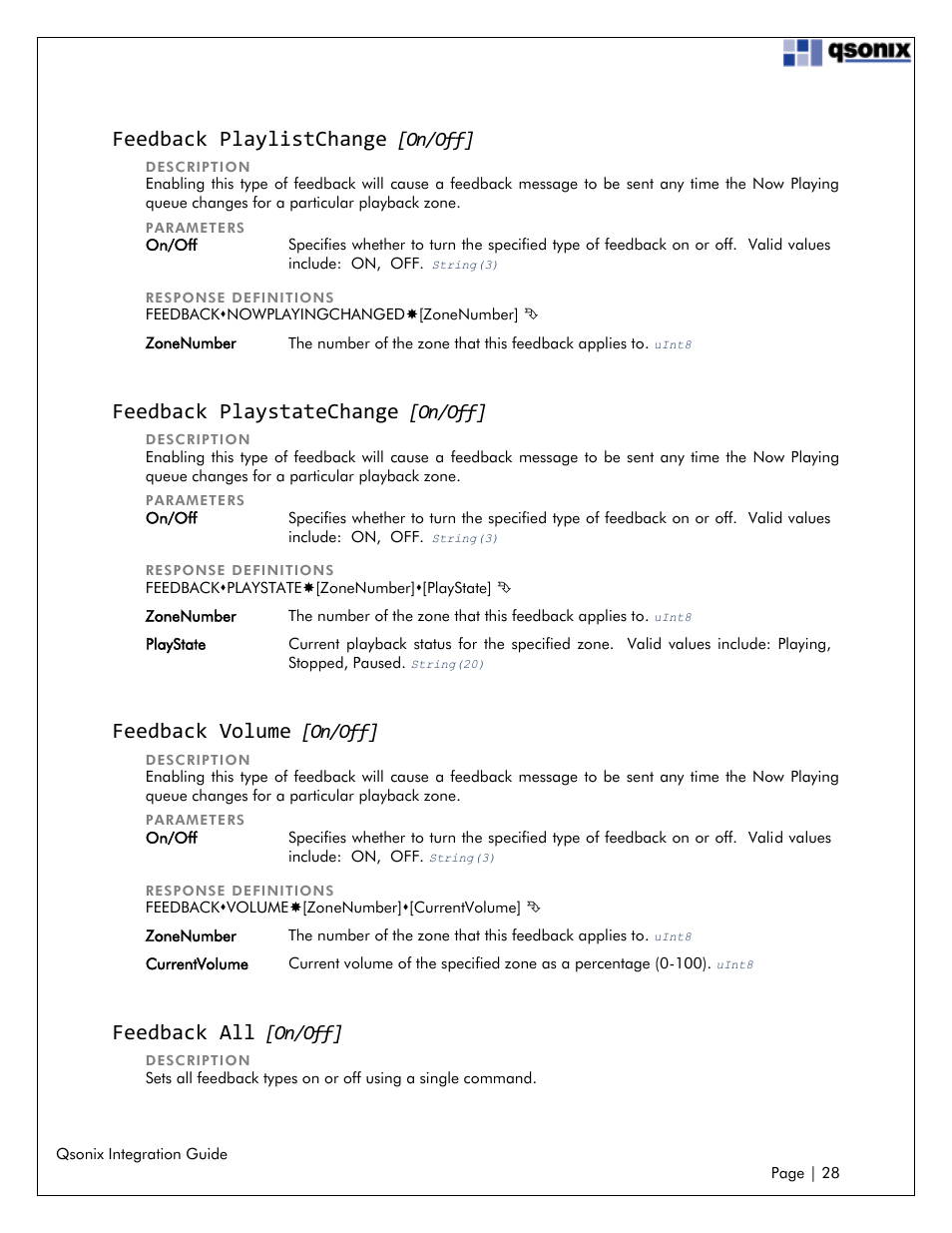 Feedback playlistchange [on/off, Feedback playstatechange [on/off, Feedback volume [on/off | Feedback all [on/off, Feedback playlistchange, Feedback playstatechange, Feedback volume, Feedback all, On/off | Qsonix Integration User Manual | Page 28 / 32