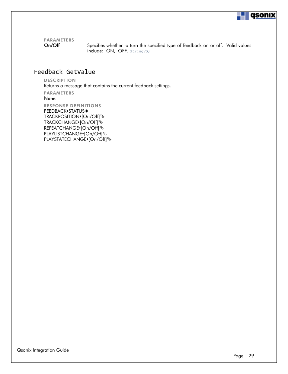 Feedback getvalue | Qsonix Integration User Manual | Page 29 / 32