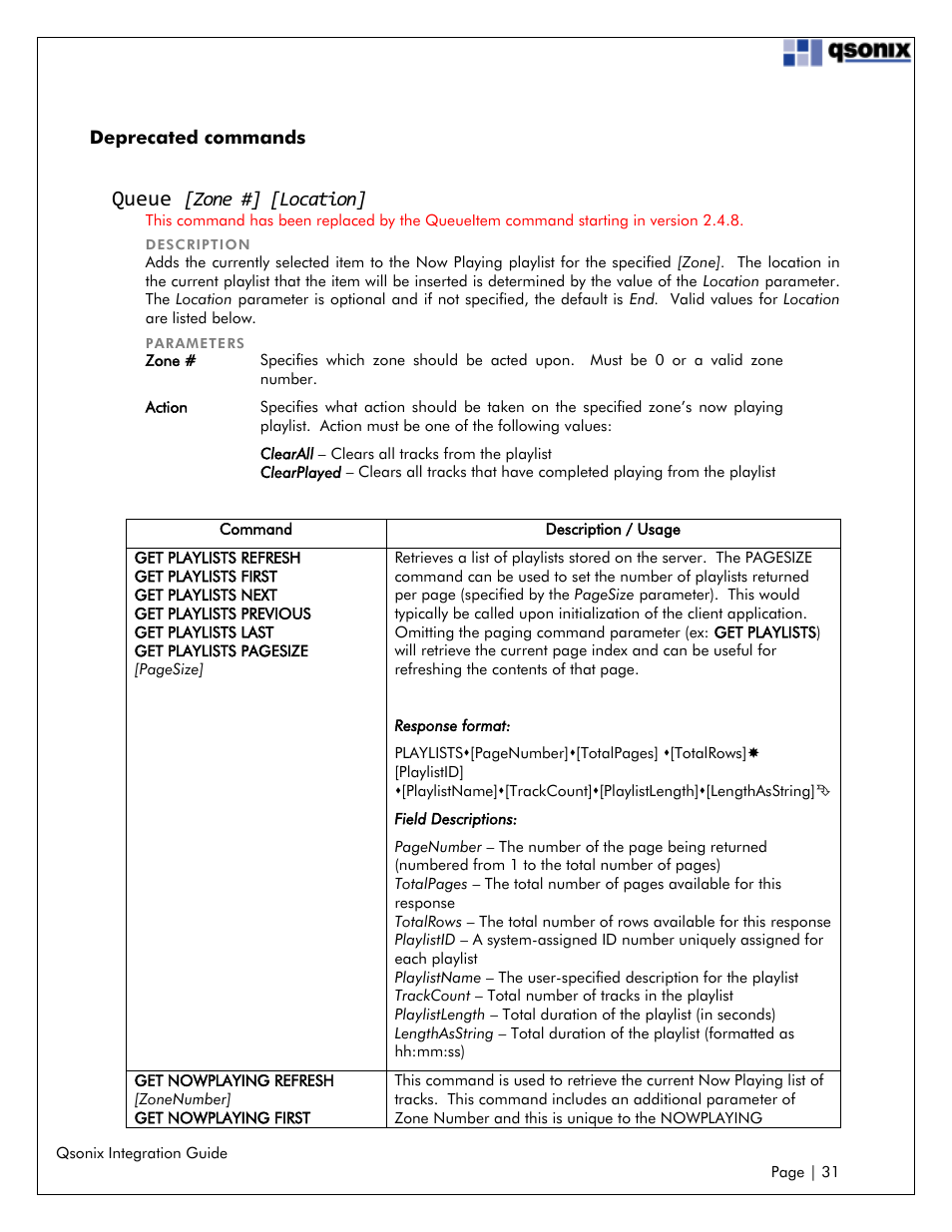 Deprecated commands, Queue [zone #] [location, Queue | Zone #] [location | Qsonix Integration User Manual | Page 31 / 32