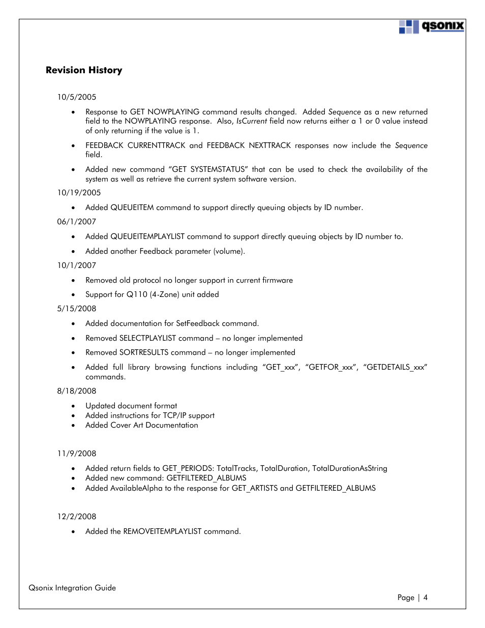 Revision history | Qsonix Integration User Manual | Page 4 / 32