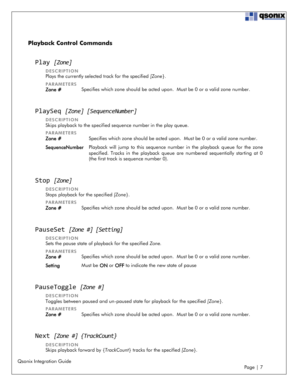 Playback control commands, Play [zone, Playseq [zone] [sequencenumber | Stop [zone, Pauseset [zone #] [setting, Pausetoggle [zone, Next [zone #] {trackcount, Play, Playseq, Stop | Qsonix Integration User Manual | Page 7 / 32