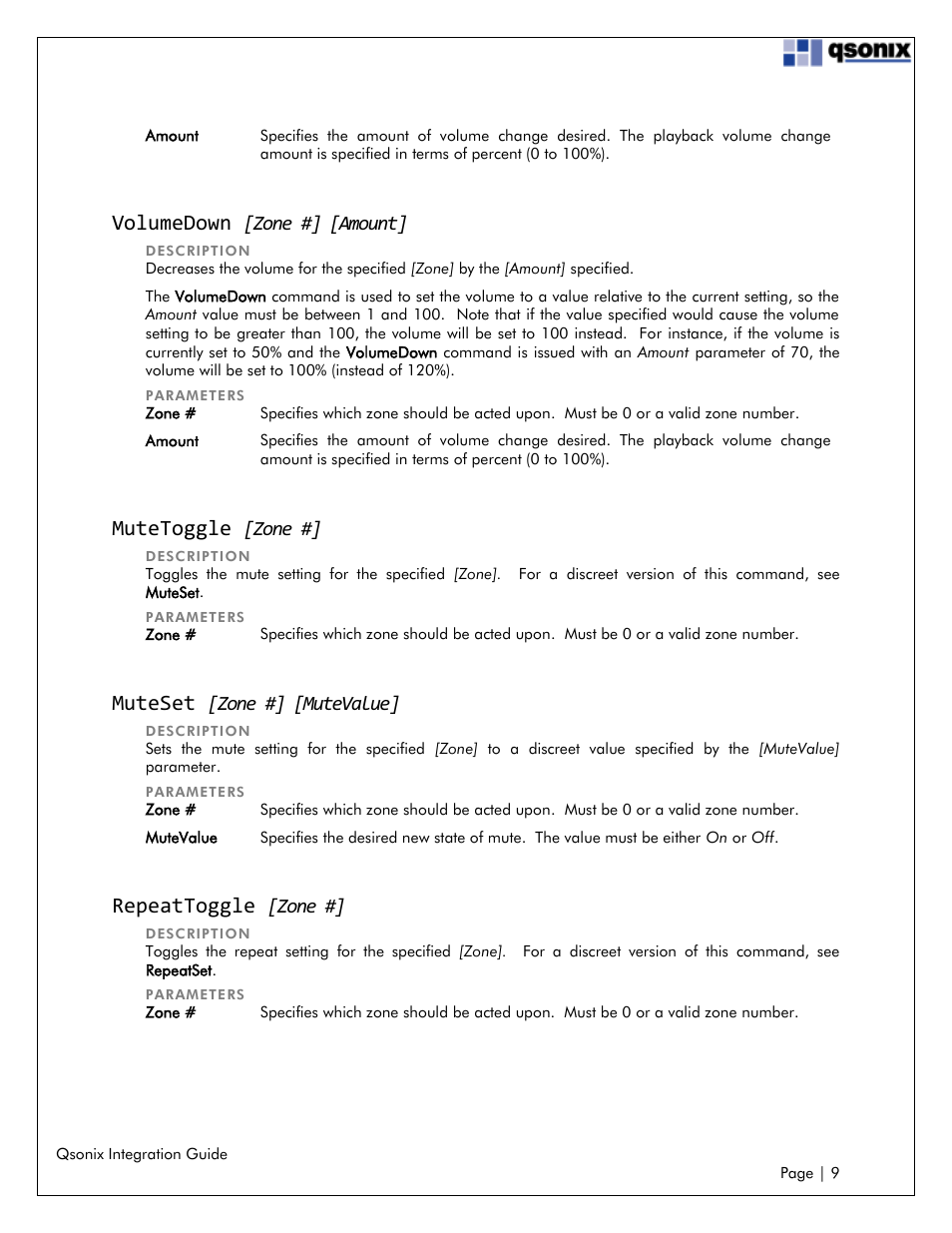 Volumedown [zone #] [amount, Mutetoggle [zone, Muteset [zone #] [mutevalue | Repeattoggle [zone, Volumedown, Mutetoggle, Muteset, Repeattoggle, Zone #] [amount, Zone | Qsonix Integration User Manual | Page 9 / 32