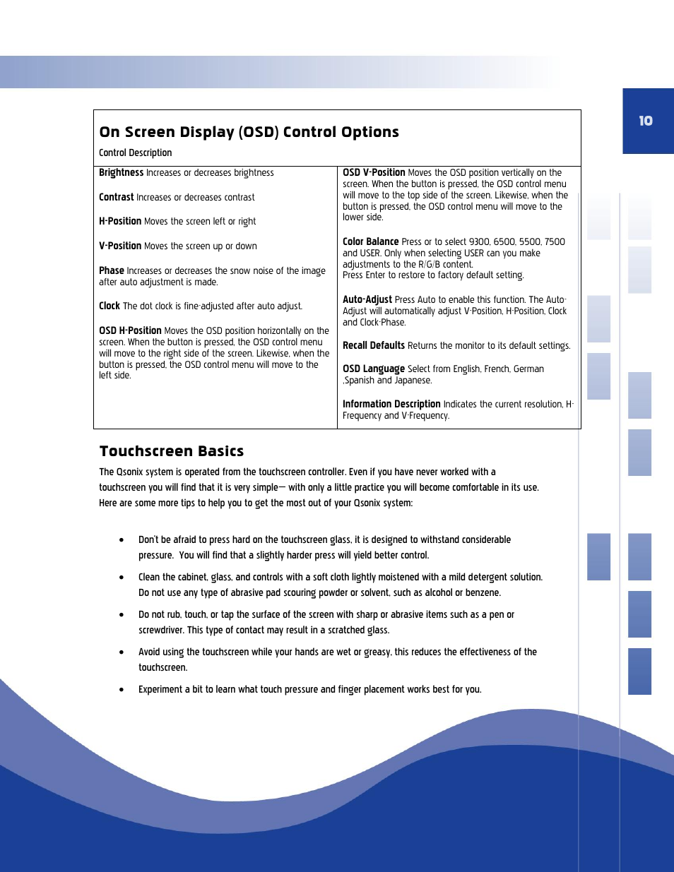 On screen display (osd) control options, Touchscreen basics | Qsonix Q110 User Manual | Page 10 / 62