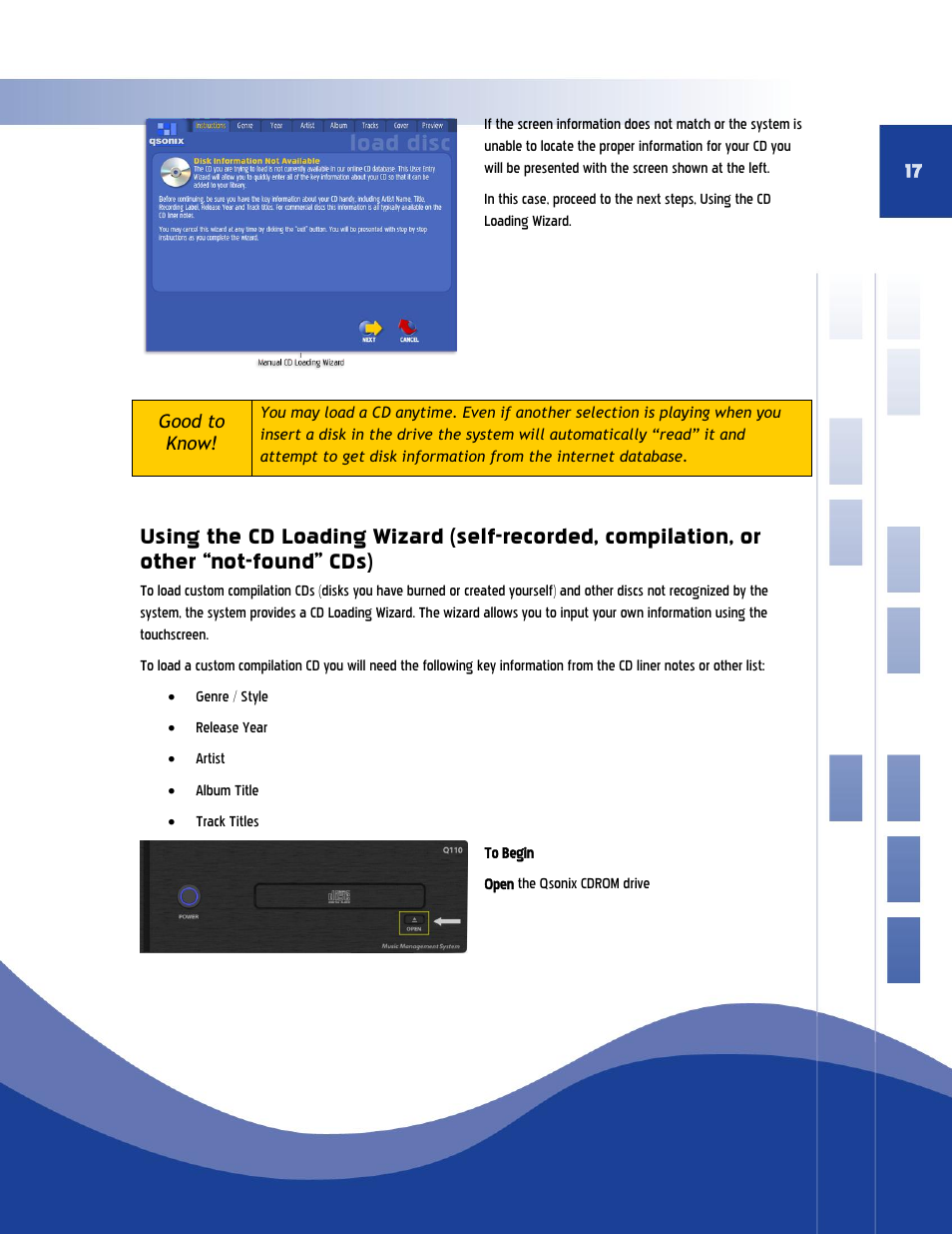 Using the cd loading wizard (self, Recorded, compilation, or other “not-found” cds) | Qsonix Q110 User Manual | Page 17 / 62