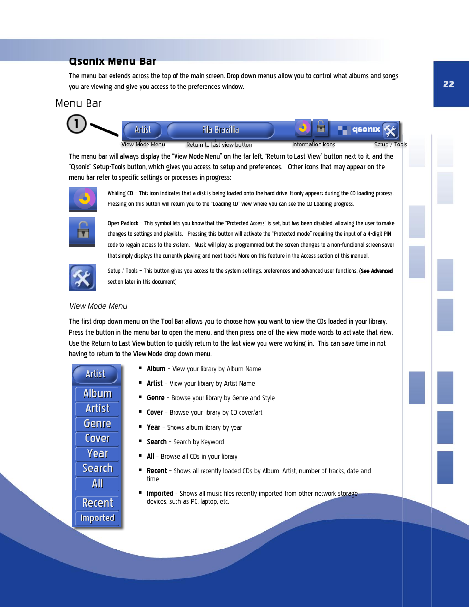 Qsonix menu bar, View mode menu | Qsonix Q110 User Manual | Page 22 / 62