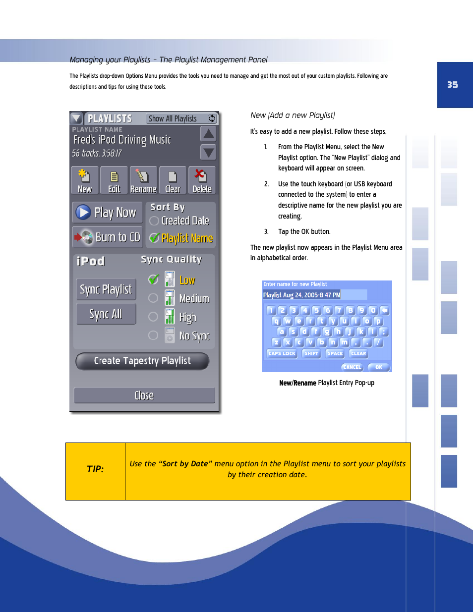 Managing your playlists, The playlist management panel, New (add a new playlist) | Qsonix Q110 User Manual | Page 35 / 62