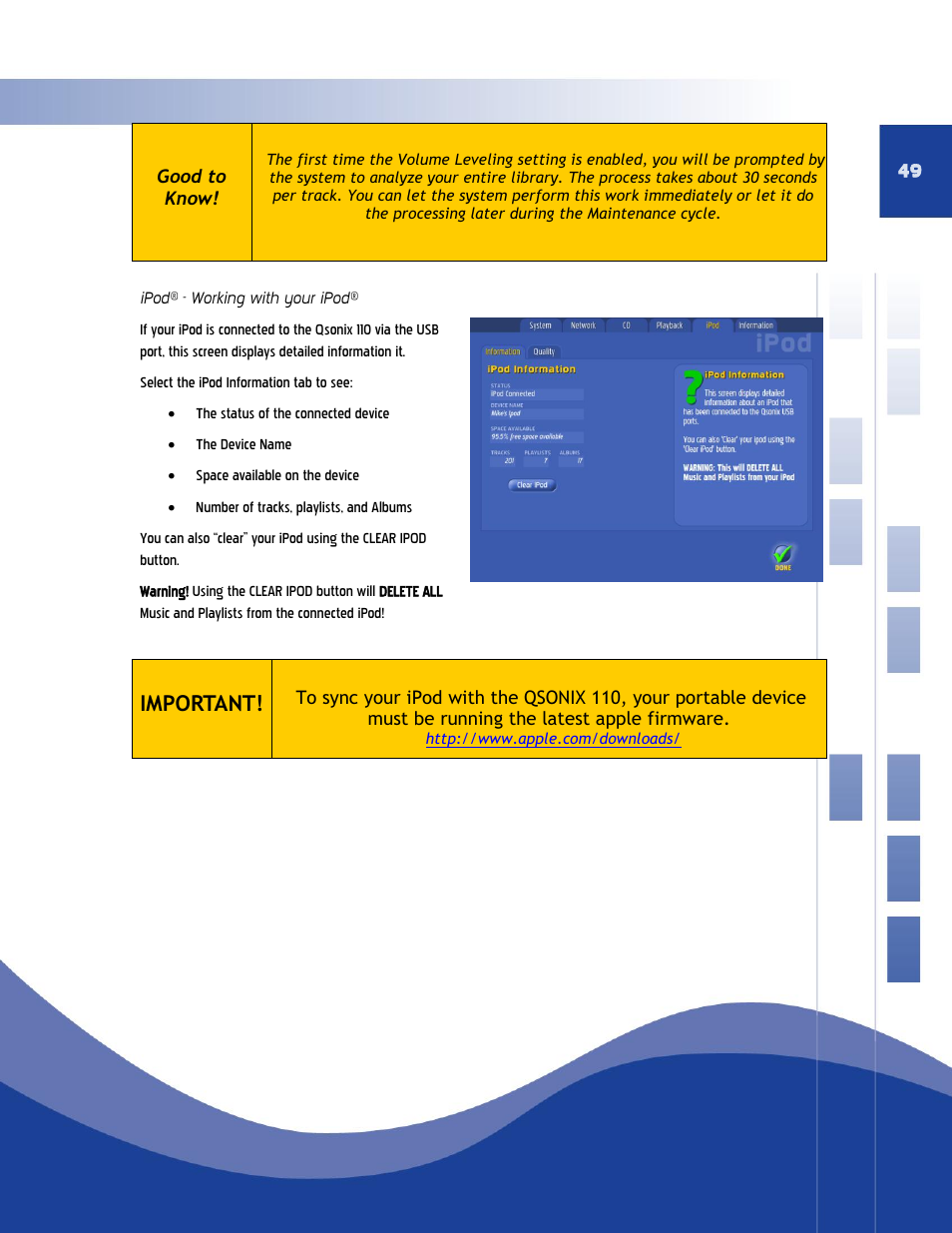 Ipod® - working with your ipod, Important | Qsonix Q110 User Manual | Page 49 / 62