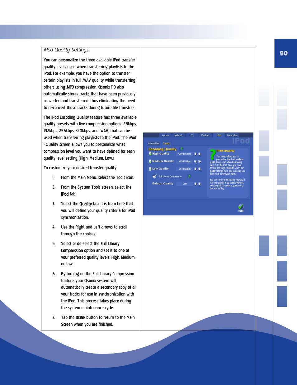 Ipod quality settings | Qsonix Q110 User Manual | Page 50 / 62