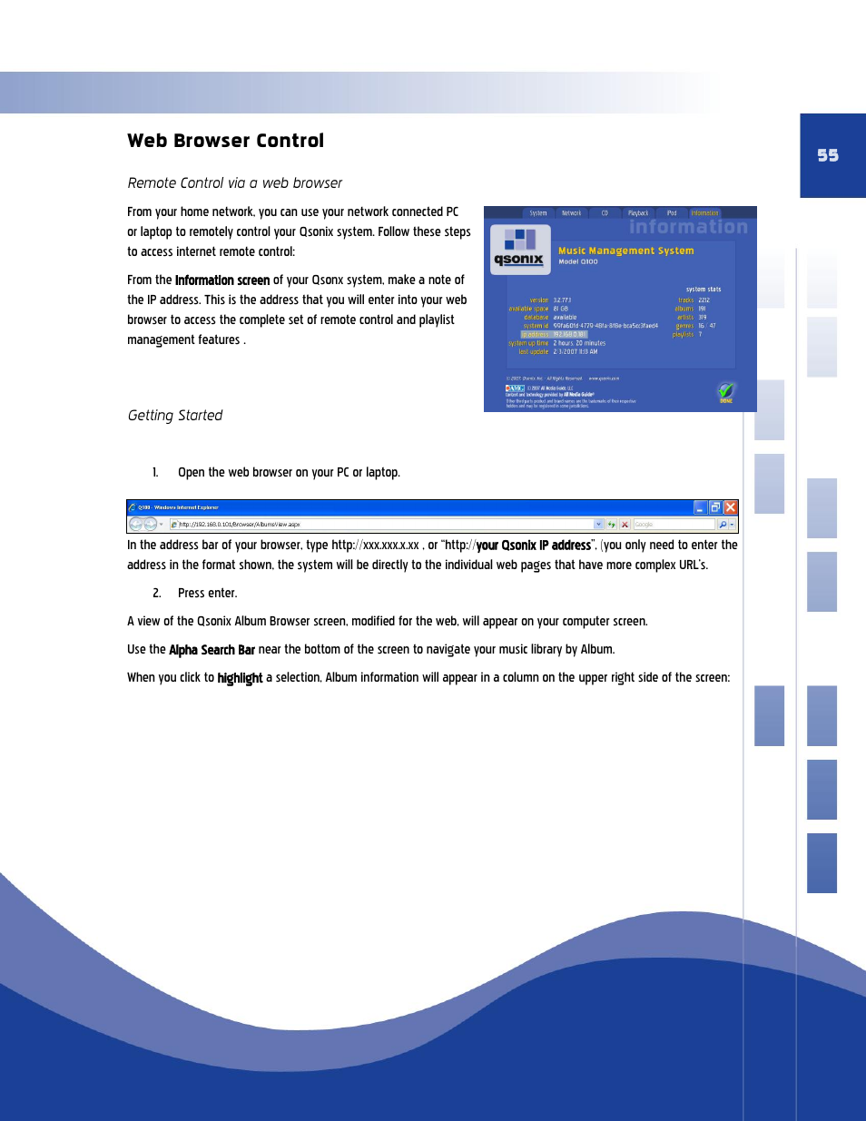 Remote control via a web browser getting started, Web browser control | Qsonix Q110 User Manual | Page 55 / 62