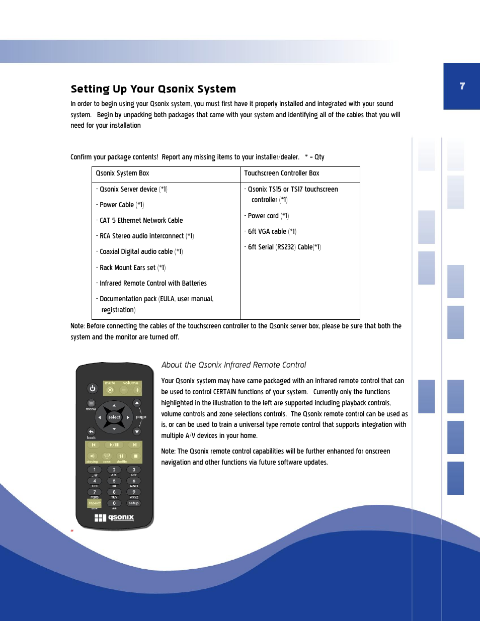 Setting up your qsonix system, About the qsonix infrared remote control | Qsonix Q110 User Manual | Page 7 / 62