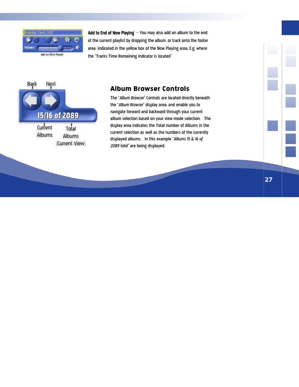 Album browser controls, Ontrols, Album browser c | Qsonix Q100 System User Manual | Page 27 / 42