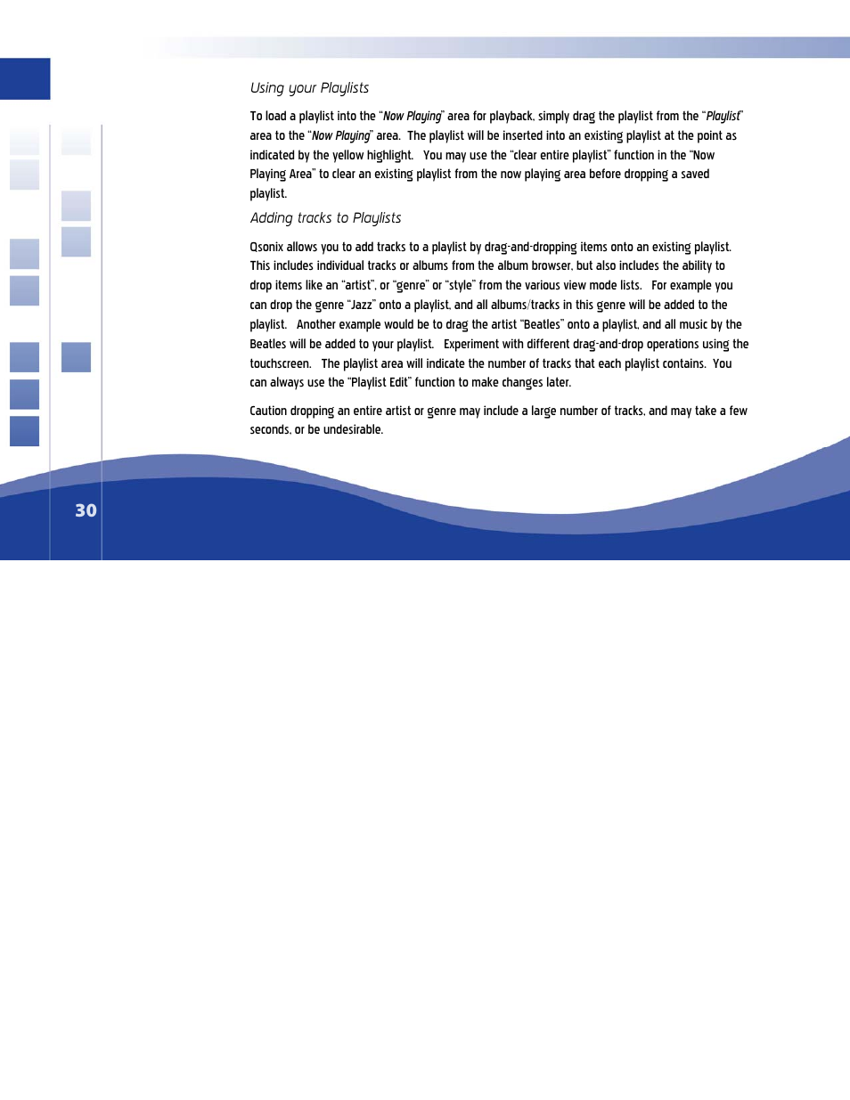 Using your playlists, Adding tracks to playlists | Qsonix Q100 System User Manual | Page 30 / 42