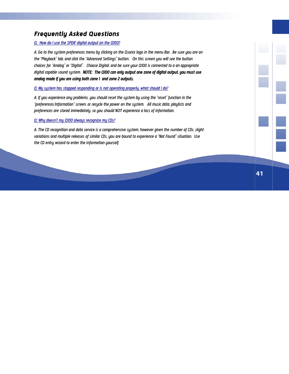 Frequently asked questions, Quently asked questions | Qsonix Q100 System User Manual | Page 41 / 42