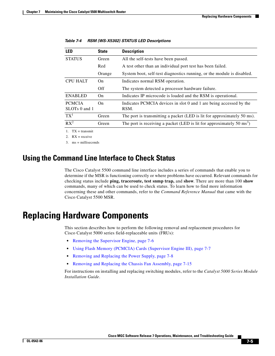 Using the command line interface to check status, Replacing hardware components, Table 7-3 | Cisco 5500 User Manual | Page 5 / 18