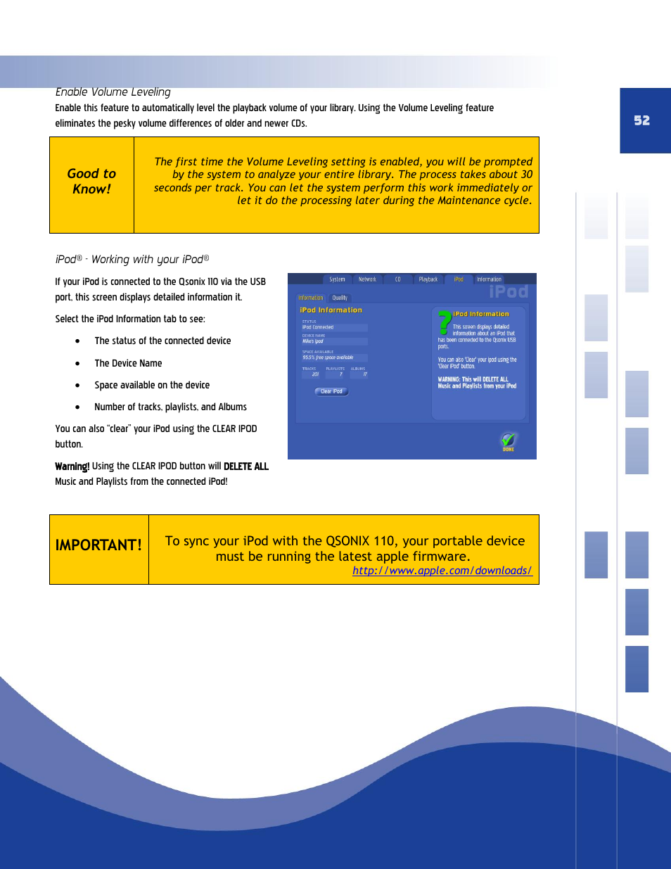 Enable volume leveling, Ipod® - working with your ipod, Important | Qsonix QJB110 User Manual | Page 48 / 64