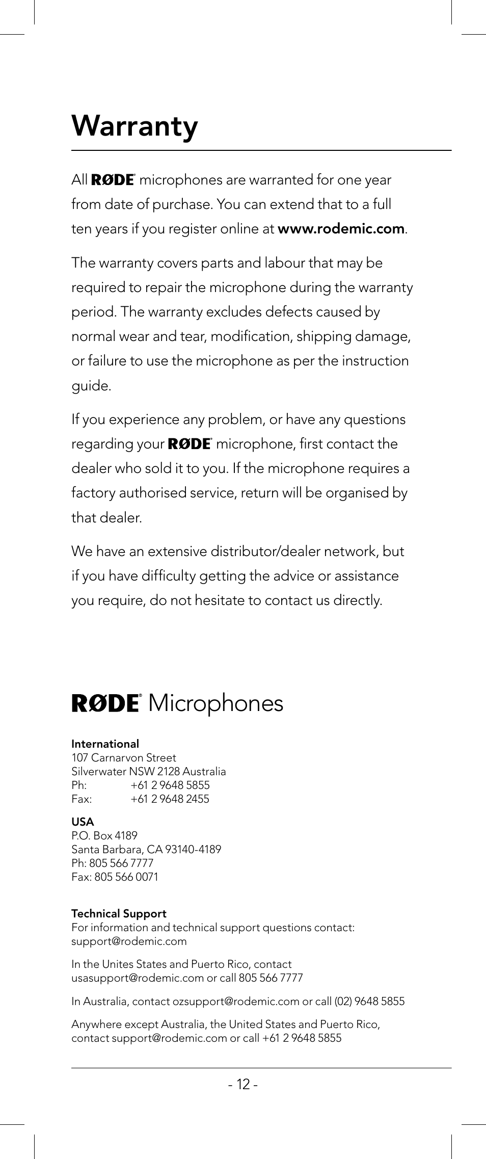 Warranty, Microphones | RODE Microphones nt1-a User Manual | Page 12 / 12