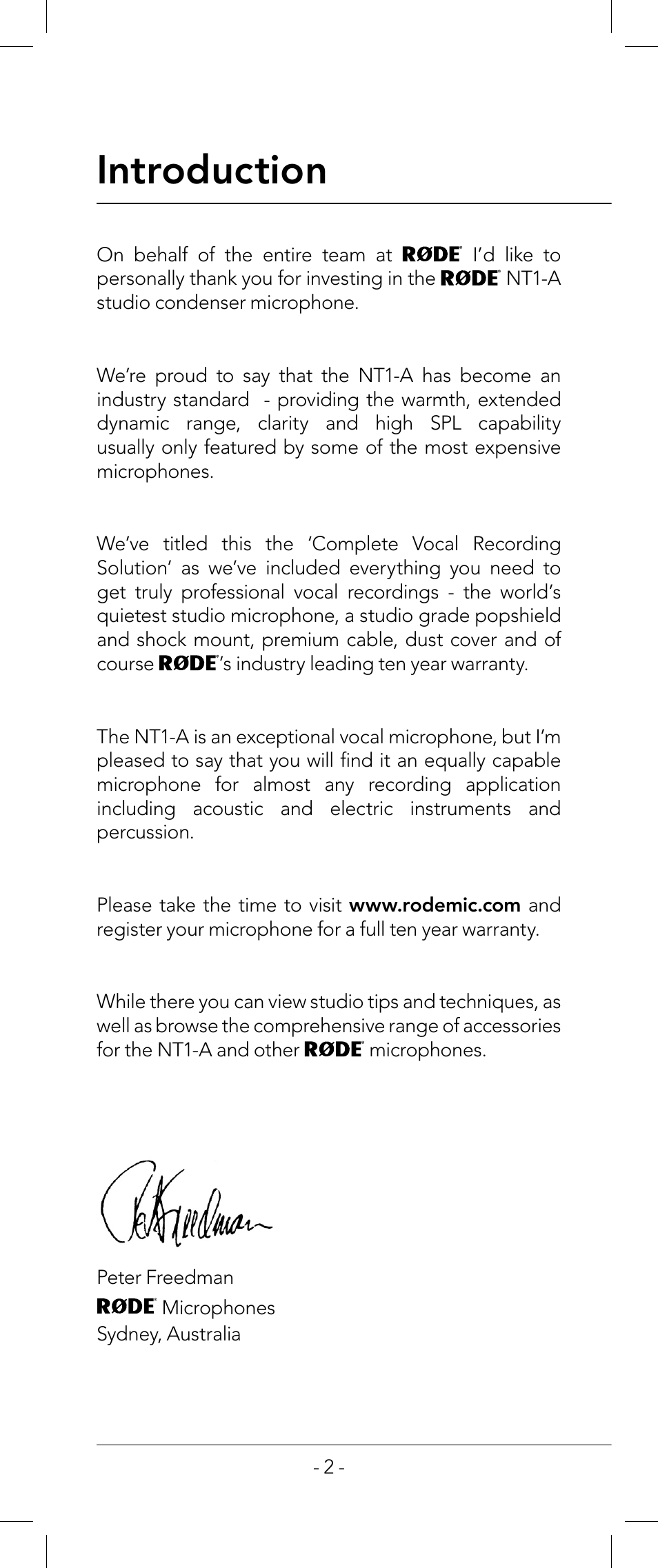 Introduction | RODE Microphones nt1-a User Manual | Page 2 / 12