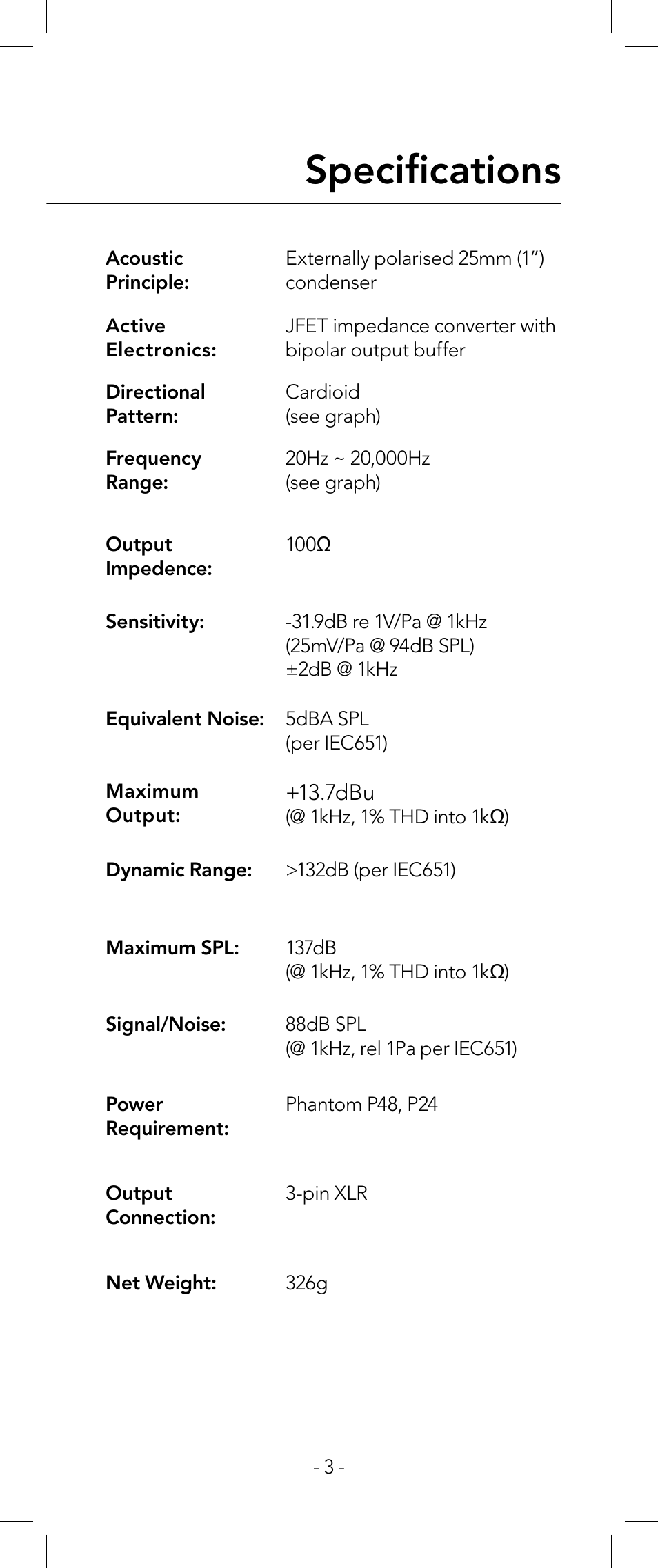Specifi cations | RODE Microphones nt1-a User Manual | Page 3 / 12