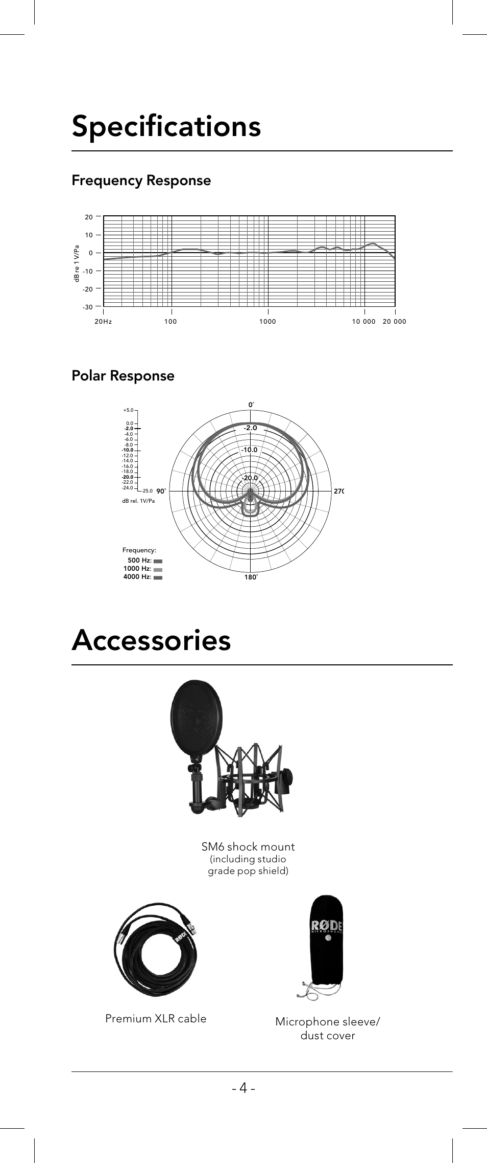 Specifi cations, Accessories, Frequency response polar response | Sm6 shock mount, Premium xlr cable microphone sleeve/ dust cover | RODE Microphones nt1-a User Manual | Page 4 / 12