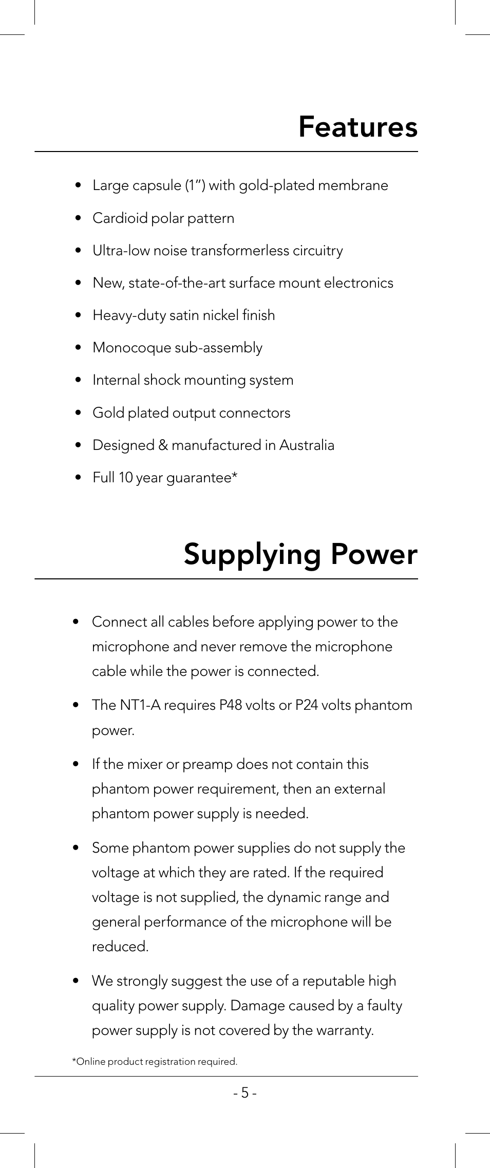 Features, Supplying power | RODE Microphones nt1-a User Manual | Page 5 / 12