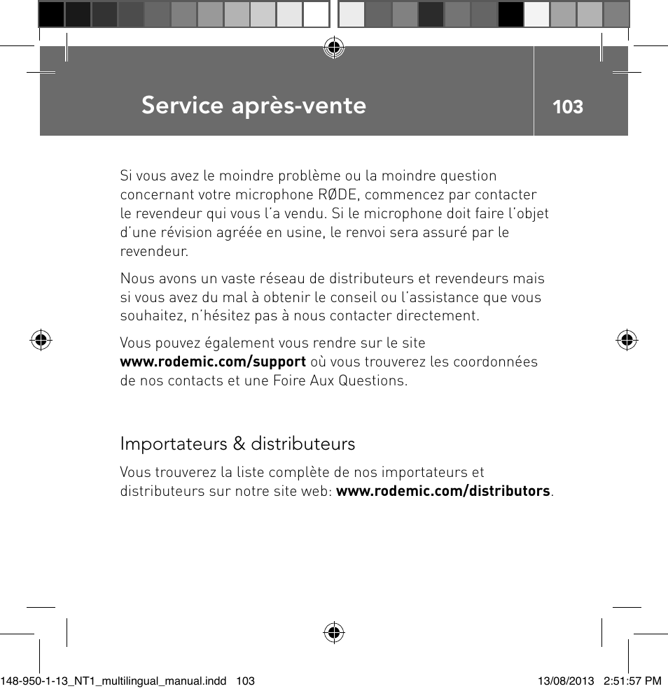 Service après-vente, Importateurs & distributeurs | RODE Microphones NT1 User Manual | Page 103 / 208