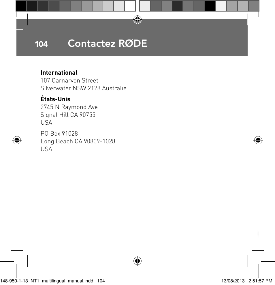 Contactez røde | RODE Microphones NT1 User Manual | Page 104 / 208
