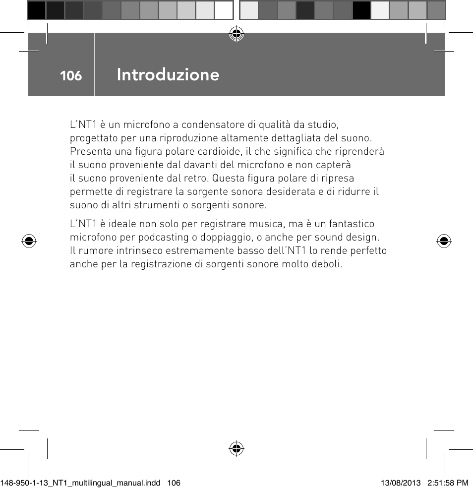 Introduzione | RODE Microphones NT1 User Manual | Page 106 / 208