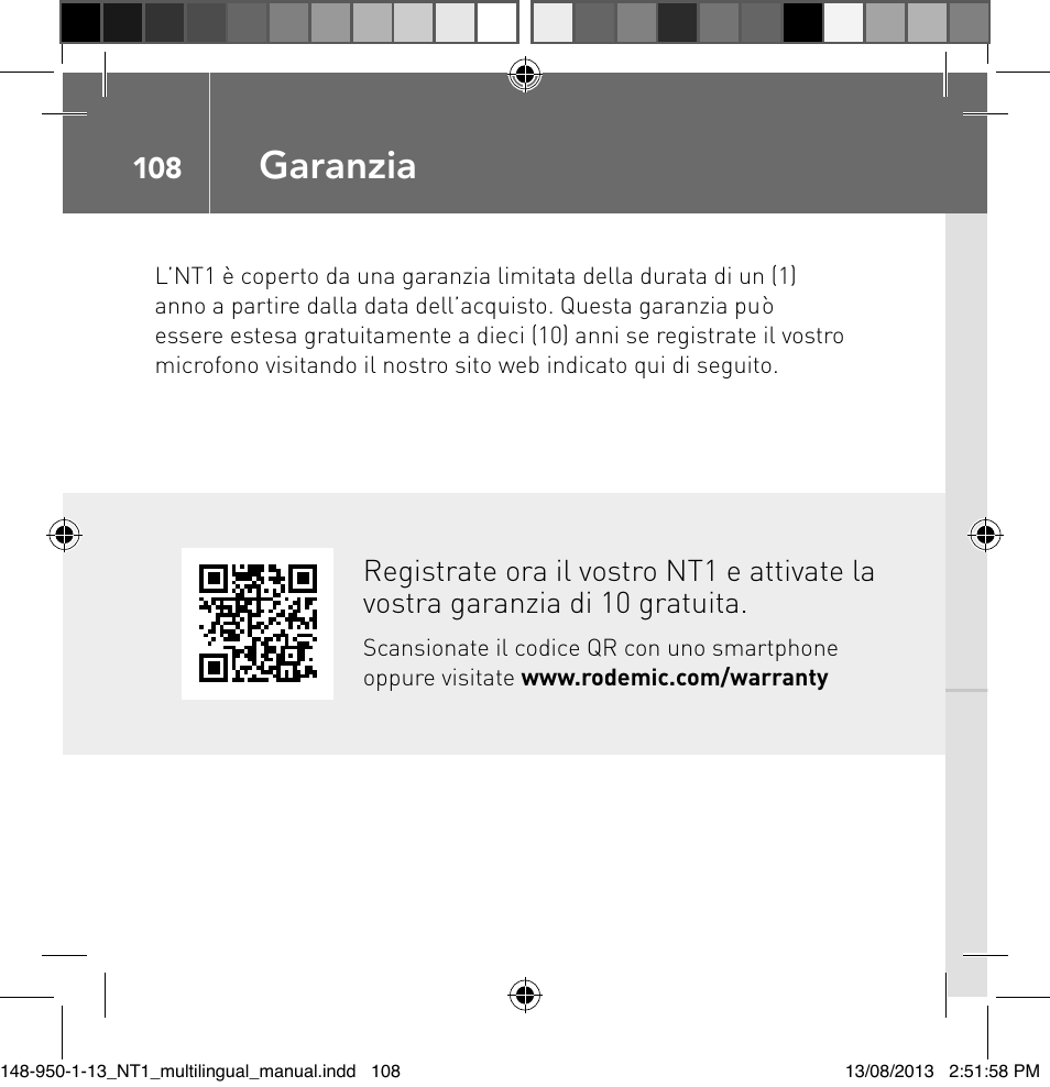 Garanzia | RODE Microphones NT1 User Manual | Page 108 / 208