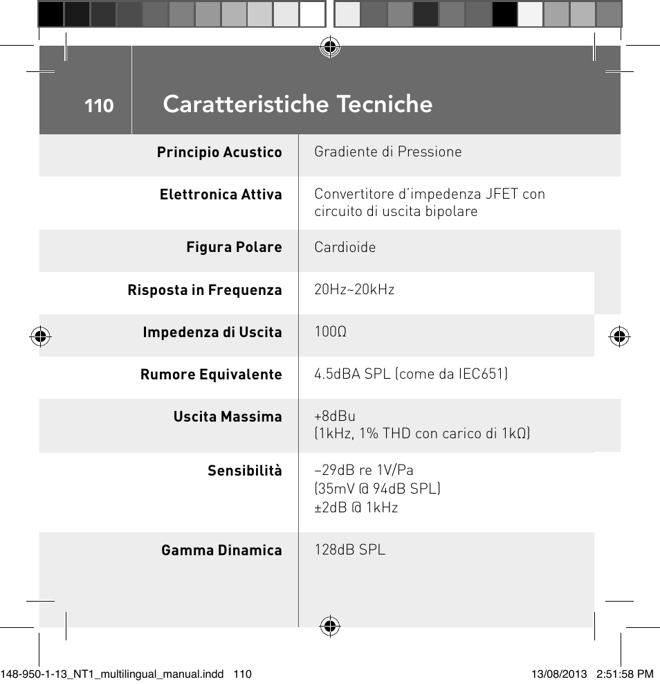 Caratteristiche tecniche | RODE Microphones NT1 User Manual | Page 110 / 208