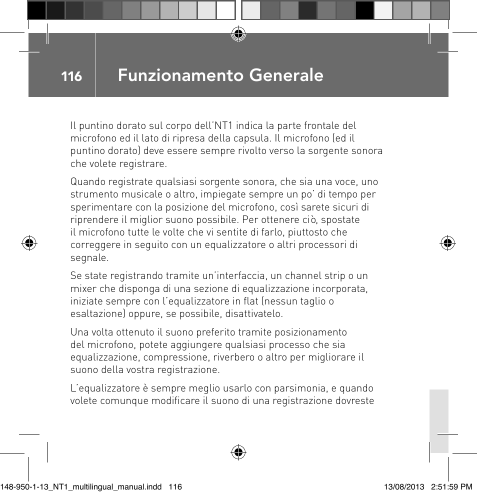 Funzionamento generale | RODE Microphones NT1 User Manual | Page 116 / 208