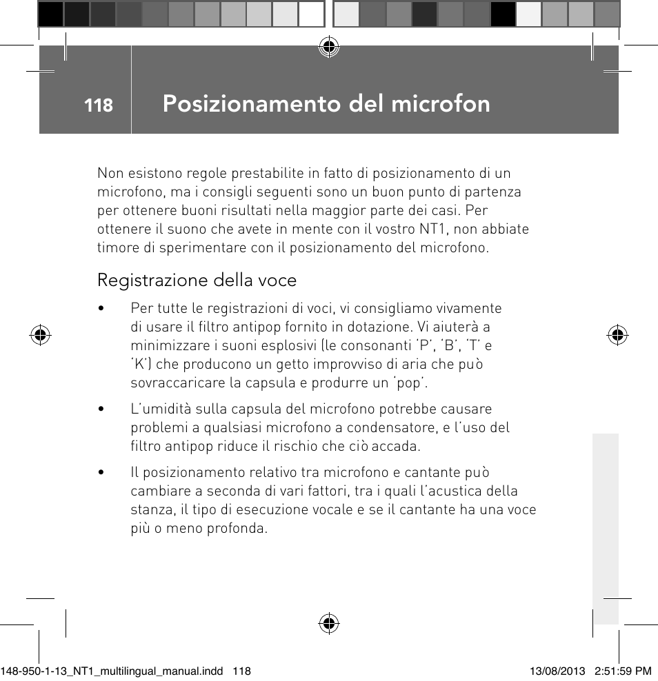 Posizionamento del microfon, Registrazione della voce | RODE Microphones NT1 User Manual | Page 118 / 208
