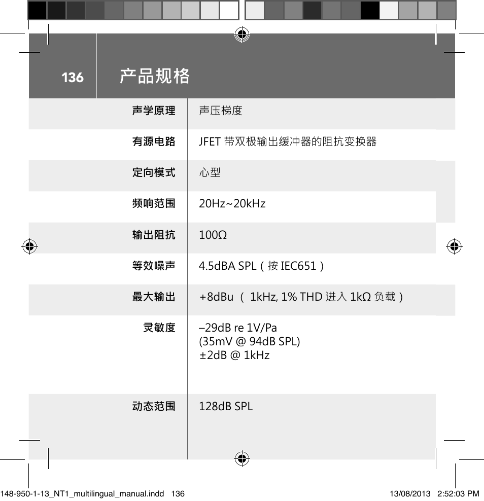 产品规格 | RODE Microphones NT1 User Manual | Page 136 / 208