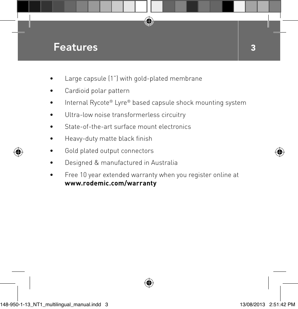 Features | RODE Microphones NT1 User Manual | Page 3 / 208
