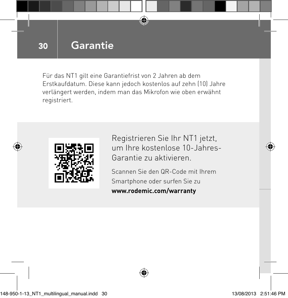 Garantie | RODE Microphones NT1 User Manual | Page 30 / 208