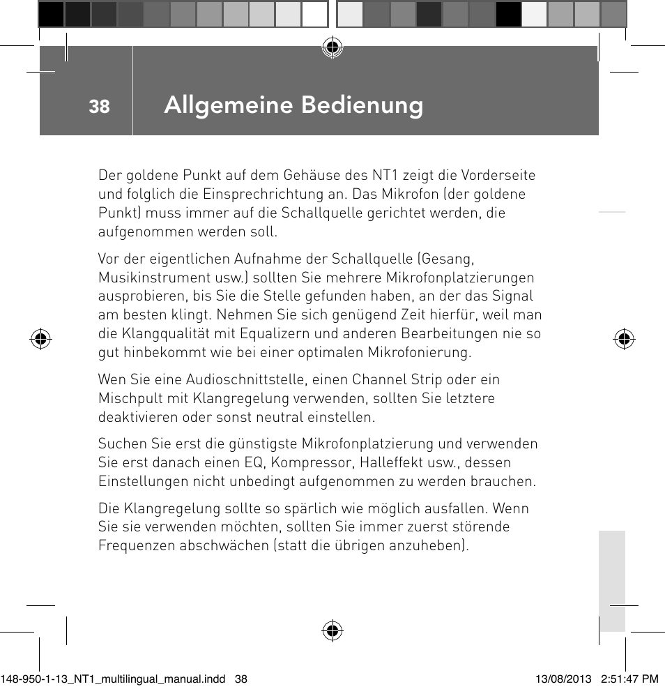 Allgemeine bedienung | RODE Microphones NT1 User Manual | Page 38 / 208
