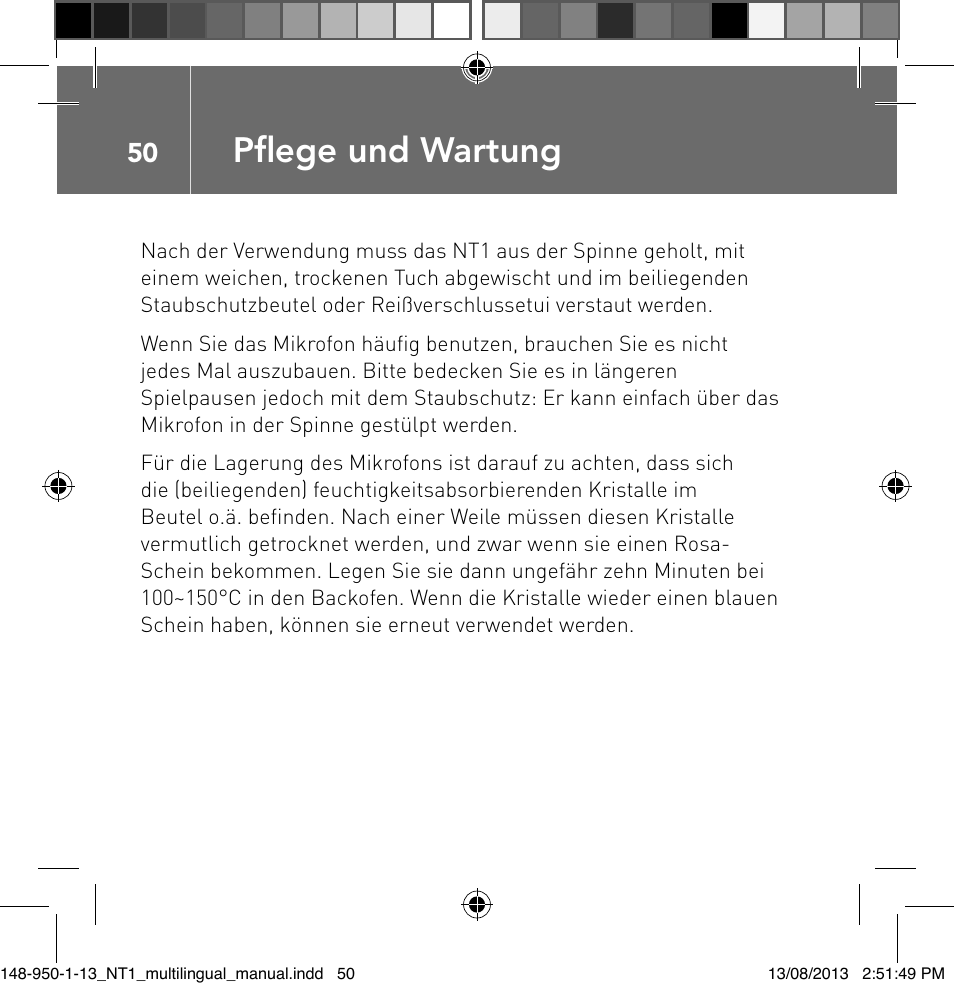 Pfl ege und wartung | RODE Microphones NT1 User Manual | Page 50 / 208