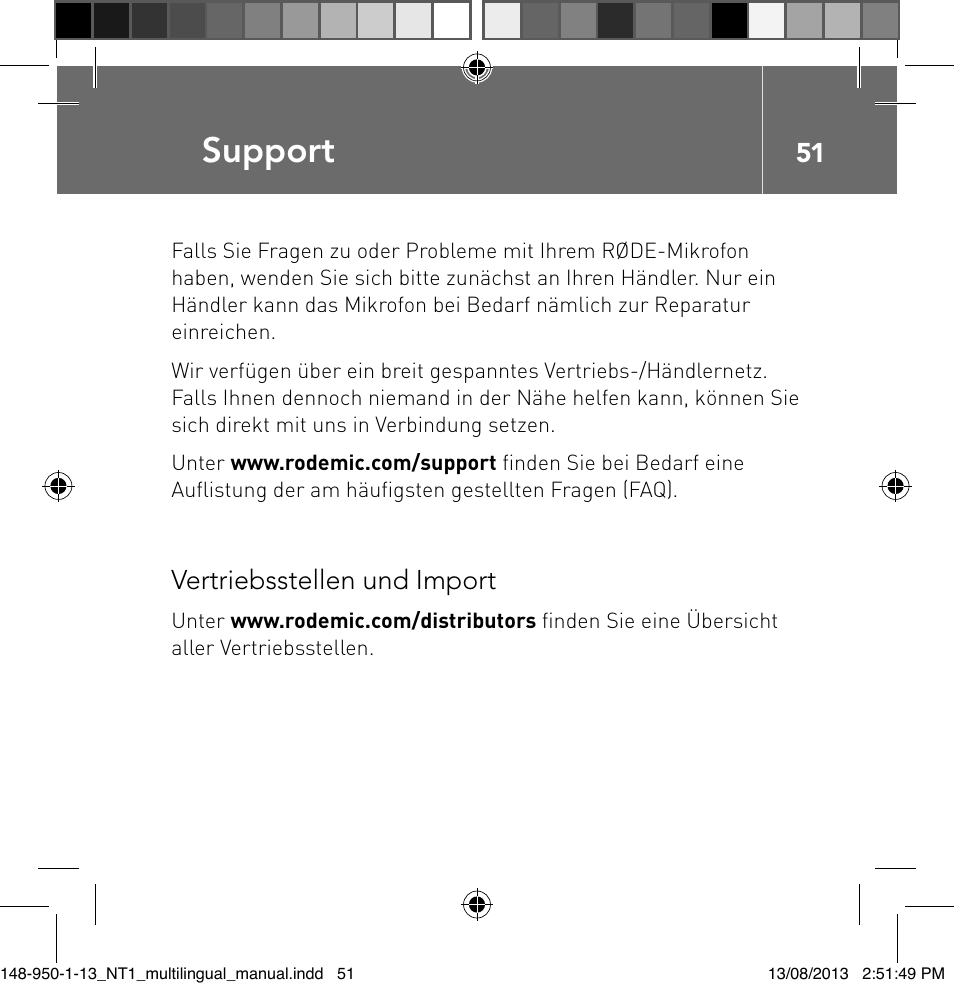 Support, Vertriebsstellen und import | RODE Microphones NT1 User Manual | Page 51 / 208