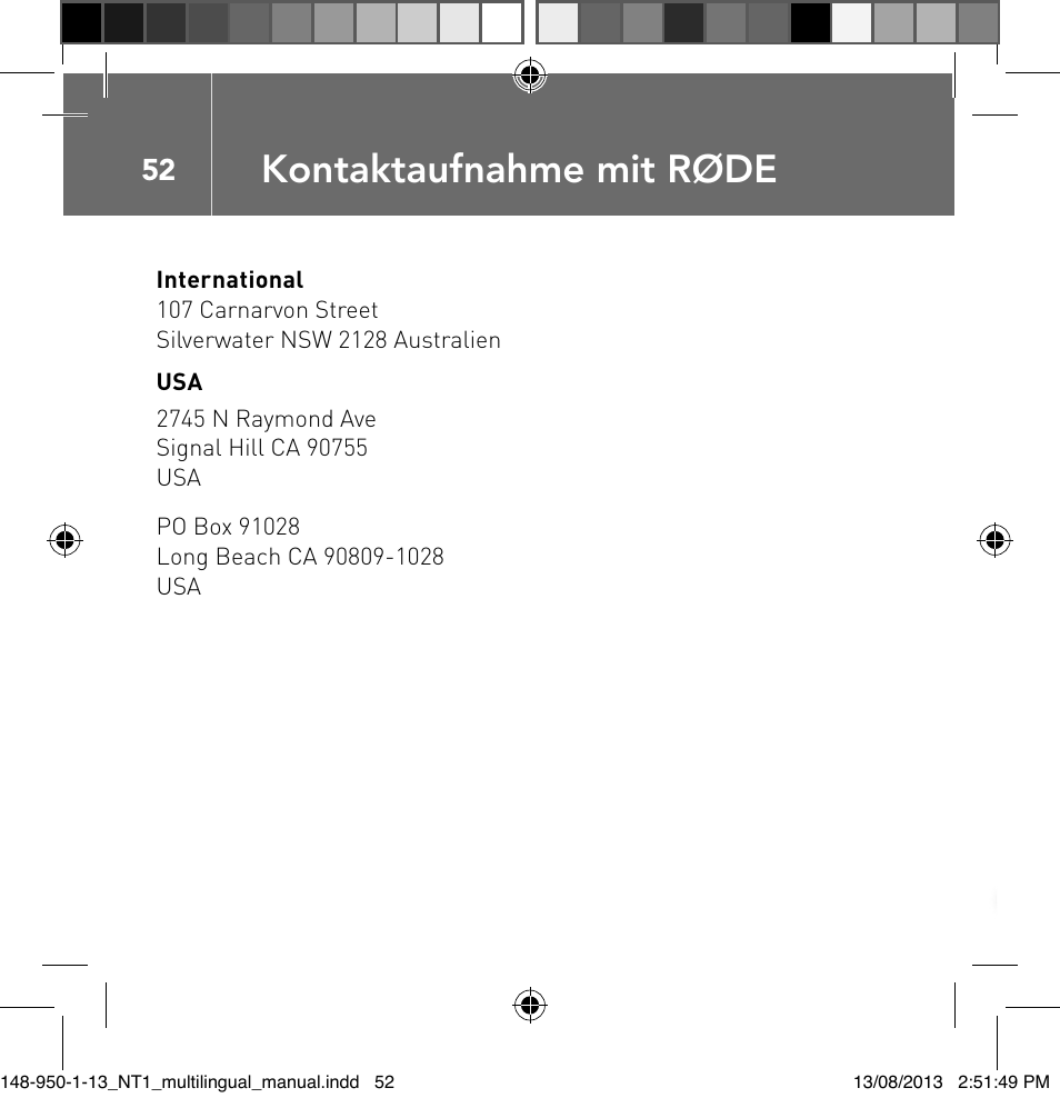 Kontaktaufnahme mit røde | RODE Microphones NT1 User Manual | Page 52 / 208