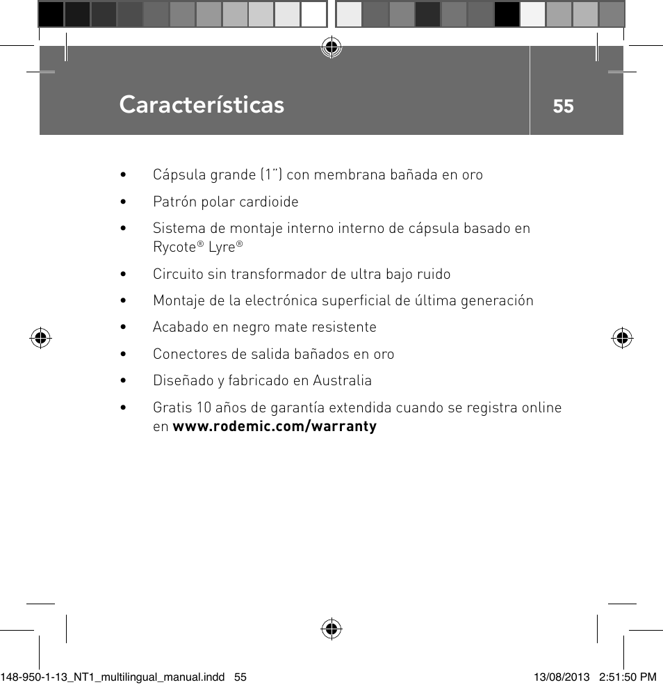 Características | RODE Microphones NT1 User Manual | Page 55 / 208