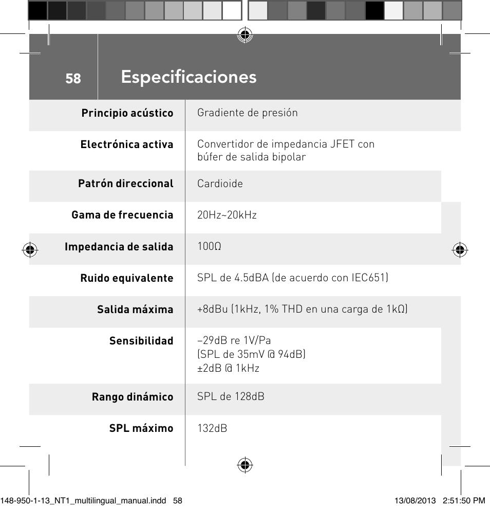 Especifi caciones | RODE Microphones NT1 User Manual | Page 58 / 208