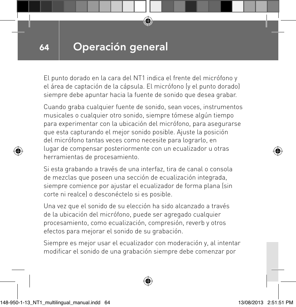 Operación general | RODE Microphones NT1 User Manual | Page 64 / 208