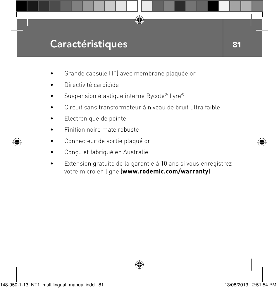 Caractéristiques | RODE Microphones NT1 User Manual | Page 81 / 208