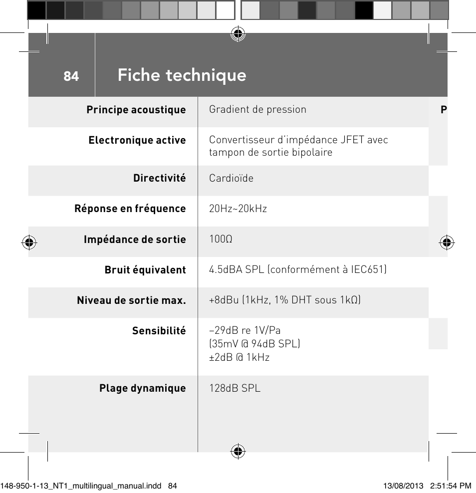Fiche technique | RODE Microphones NT1 User Manual | Page 84 / 208
