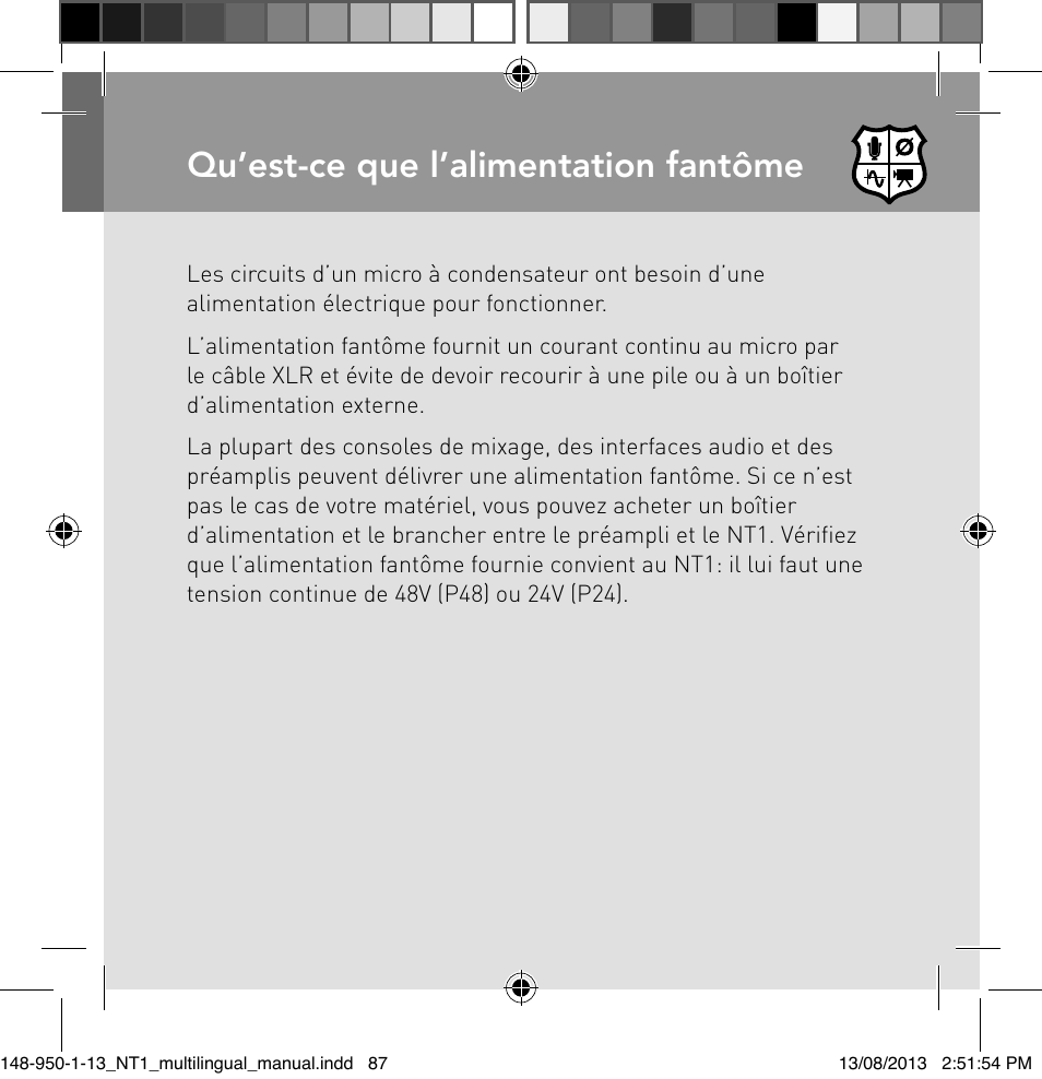 Qu’est-ce que l’alimentation fantôme | RODE Microphones NT1 User Manual | Page 87 / 208