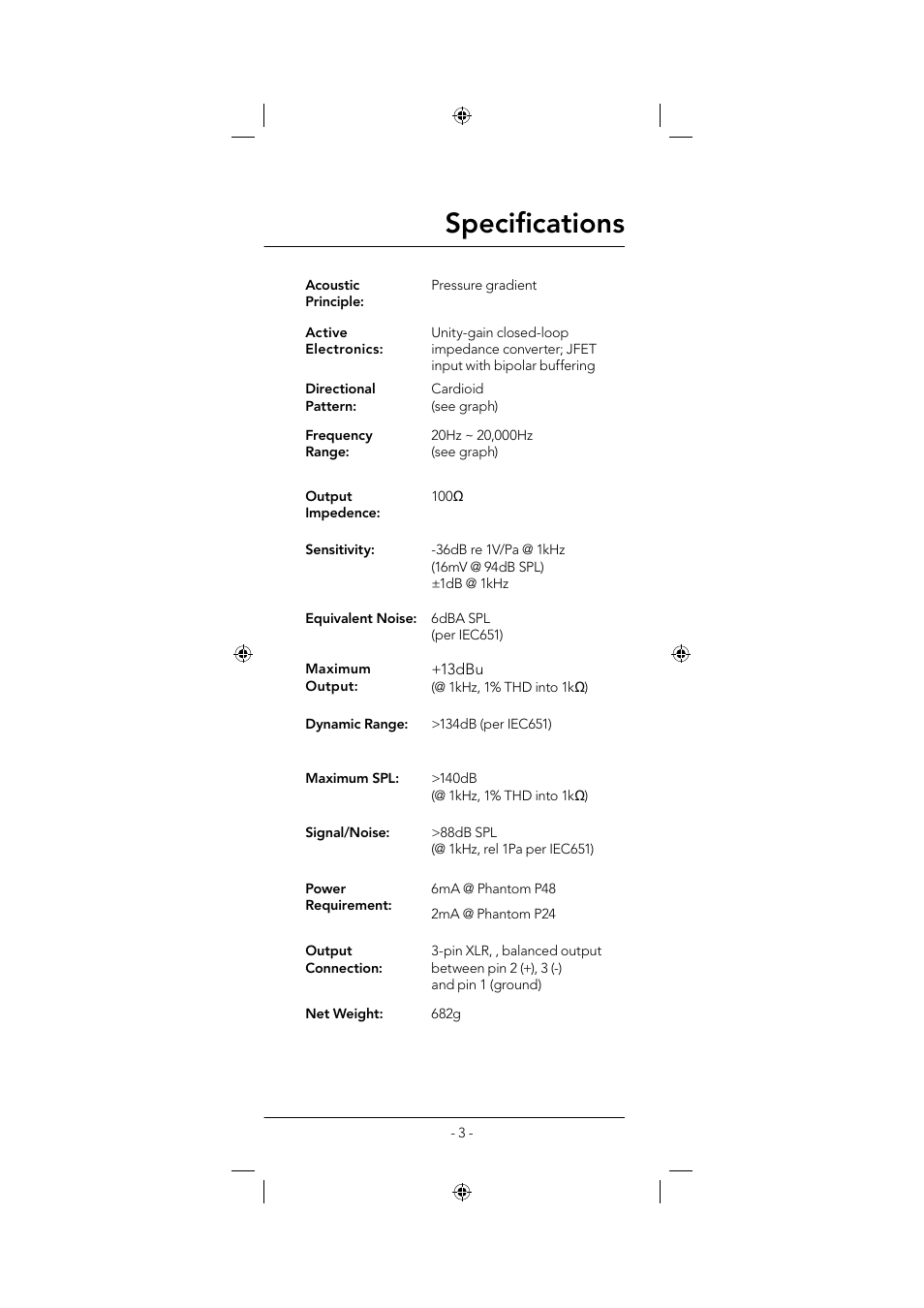 Specifi cations | RODE Microphones NT1000 User Manual | Page 3 / 8